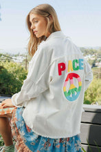 Load image into Gallery viewer, Davi &amp; Dani MULTI COLOR LETTERING PEACE SYMBOL BUTTON UP SHIRT