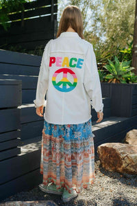 Davi & Dani MULTI COLOR LETTERING PEACE SYMBOL BUTTON UP SHIRT