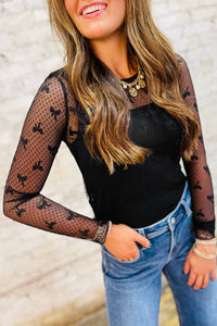 Black Bow Mesh Long Sleeve Top