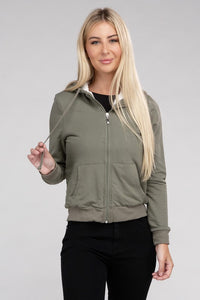 Ambiance Apparel Fuzzy Trim Zip-Up Crop Hoodie