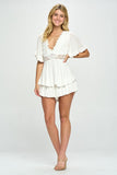 One and Only Collective Inc Flutter Sleeved Short Romper with Crochet Trim