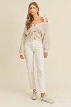 Load image into Gallery viewer, MABLE Off Shoulder Self Tie Strap Button Down Sweater