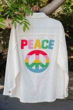 Load image into Gallery viewer, Davi &amp; Dani MULTI COLOR LETTERING PEACE SYMBOL BUTTON UP SHIRT