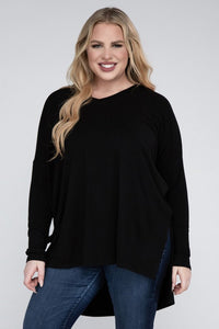 ZENANA Plus Dolman Sleeve V-Neck Side Slit Hi-Low Hem Top