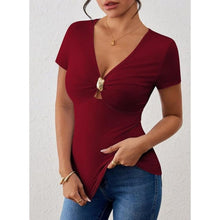 Load image into Gallery viewer, V-Neck Short Sleeve Shirts Metal Ring Decor Fitted Blouse, Small, 1Q-185T003