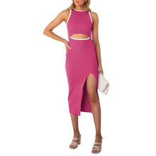 Load image into Gallery viewer, Cutout Crew Neck Slit Ribbed Bodycon Midi Dress, SMALL, 15E-161D002