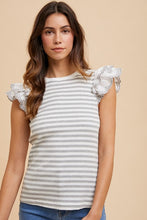 Load image into Gallery viewer, Annie Wear Ruffled Striped Round Neck Cap Sleeve Knit Top