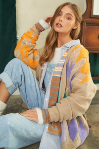 Davi & Dani Plush Argyle Button Front Loose Fit Knit Cardigan
