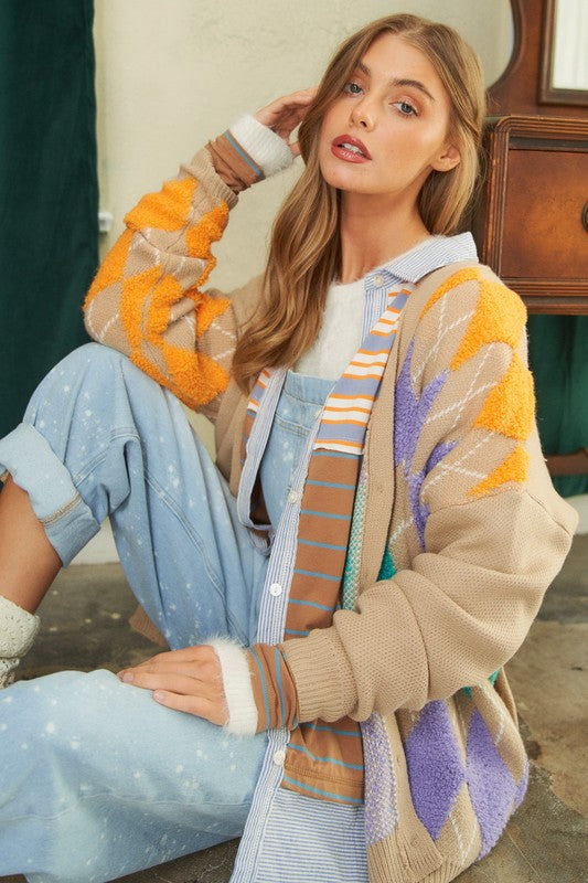Davi & Dani Plush Argyle Button Front Loose Fit Knit Cardigan