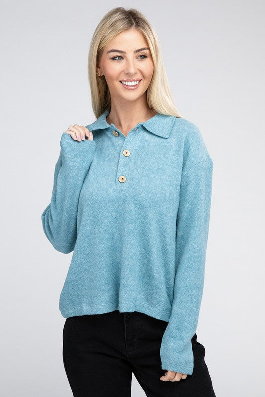 ZENANA Brushed Melange Hacci Collared Sweater