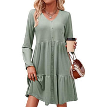 Load image into Gallery viewer, V Neck Button Up Long Sleeve Empire Waist Tiered Mini Dress, 2XL, 5H-138D006
