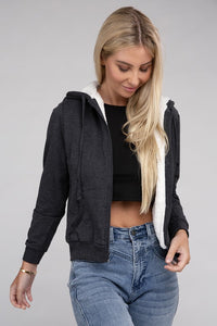 Ambiance Apparel Fuzzy Trim Zip-Up Crop Hoodie