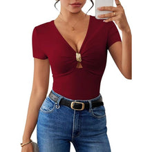 Load image into Gallery viewer, V-Neck Short Sleeve Shirts Metal Ring Decor Fitted Blouse, Small, 1Q-185T003