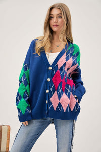 Davi & Dani Plush Argyle Button Front Loose Fit Knit Cardigan