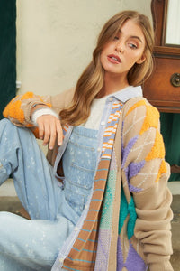 Davi & Dani Plush Argyle Button Front Loose Fit Knit Cardigan