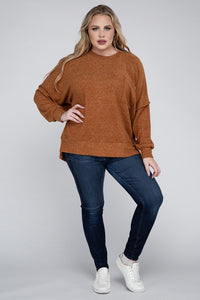 ZENANA Plus Brushed Melange Drop Shoulder Sweater