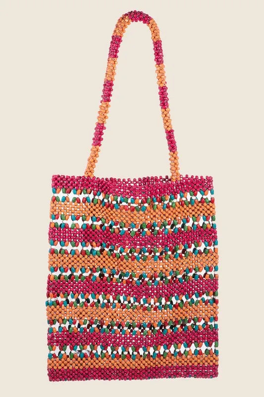 pink and orange Contrast Wooden Beaded Tote Bag