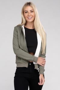 Ambiance Apparel Fuzzy Trim Zip-Up Crop Hoodie