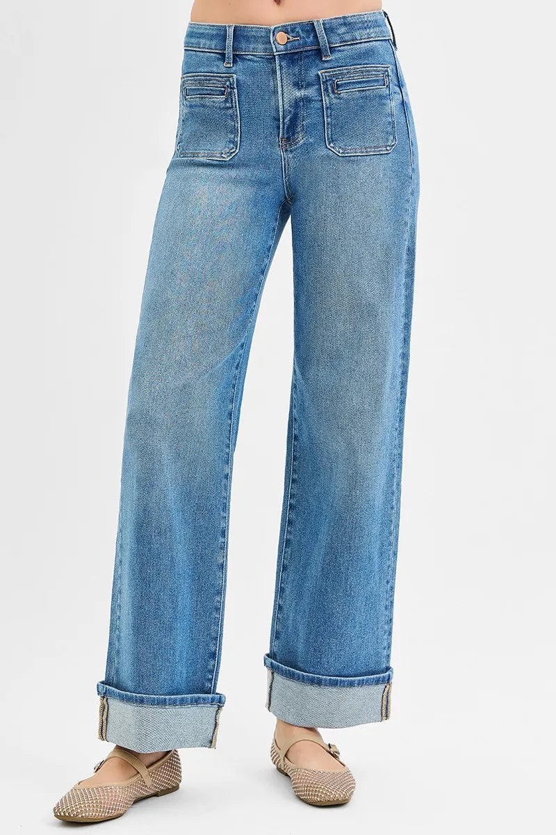 Mid Rise Wide Front Patch Pocket Cuff Jeans