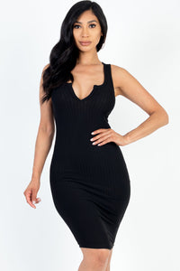 Casual Ribbed Split Neck Bodycon Dress (CAPELLA)