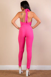 Halter V Neck Ribbed Bodycon Jumpsuit (CAPELLA)