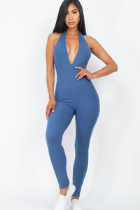Halter V Neck Ribbed Bodycon Jumpsuit (CAPELLA)