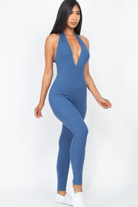 Halter V Neck Ribbed Bodycon Jumpsuit (CAPELLA)