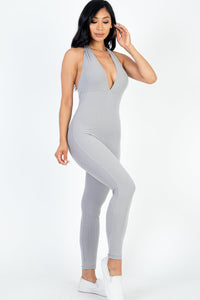 Halter V Neck Ribbed Bodycon Jumpsuit (CAPELLA)