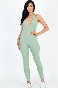 Halter V Neck Ribbed Bodycon Jumpsuit (CAPELLA)