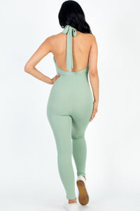Halter V Neck Ribbed Bodycon Jumpsuit (CAPELLA)