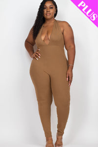 Plus Size Halter V Neck Ribbed Bodycon Jumpsuit (CAPELLA)