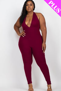 Plus Size Halter V Neck Ribbed Bodycon Jumpsuit (CAPELLA)