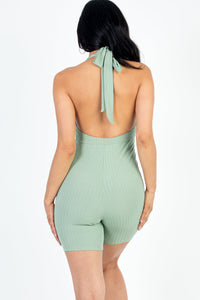 Casual Solid Halter V Neck Ribbed Bodycon Romper (capella)