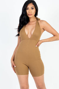 Casual Solid Halter V Neck Ribbed Bodycon Romper (capella)