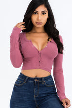 Load image into Gallery viewer, Ribbed Long Sleeve Snap Button Down Crop Top (CAPELLA)