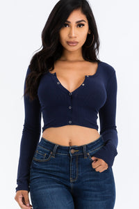 Ribbed Long Sleeve Snap Button Down Crop Top (CAPELLA)