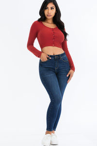 Ribbed Long Sleeve Snap Button Down Crop Top (CAPELLA)
