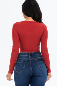Ribbed Long Sleeve Snap Button Down Crop Top (CAPELLA)