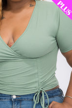 Load image into Gallery viewer, Plus Size Ribbed Ruched Drawstring Surplice Top (CAPELLA)