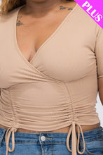 Load image into Gallery viewer, Plus Size Ribbed Ruched Drawstring Surplice Top (CAPELLA)