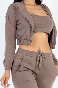 French Terry Cropped Cami with Zip-up Jacket and Joggers Set (CAPELLA)