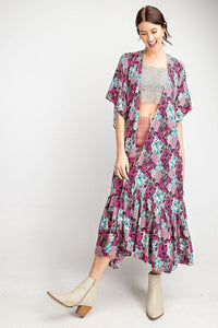 EASEL Rayon Challis Ruffle Bottom Maxi Open Kimono