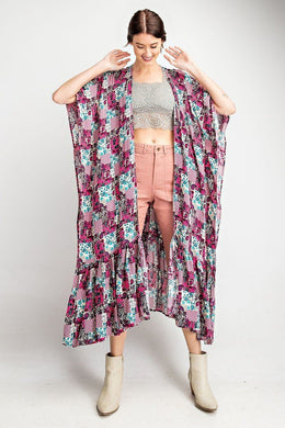 EASEL Rayon Challis Ruffle Bottom Maxi Open Kimono