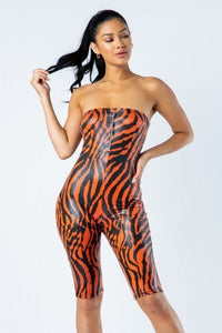 BELITA COLLECTION Zebra Print Tube Romper With Front O Ring Zipper Detail