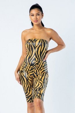 BELITA COLLECTION Zebra Print Tube Romper With Front O Ring Zipper Detail