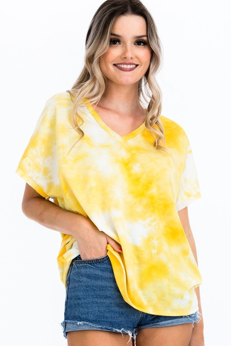 CY FASHION Tie-dye Top Featured In A V-neckline And Cuff Sort Sleeves