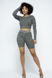 CAPSULLE Knit Long Sleeve Cropped Top Knit High-waist Biker Shorts Set