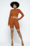 CAPSULLE Knit Long Sleeve Cropped Top Knit High-waist Biker Shorts Set