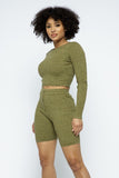 CAPSULLE Knit Long Sleeve Cropped Top Knit High-waist Biker Shorts Set