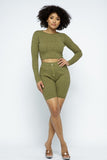 CAPSULLE Knit Long Sleeve Cropped Top Knit High-waist Biker Shorts Set